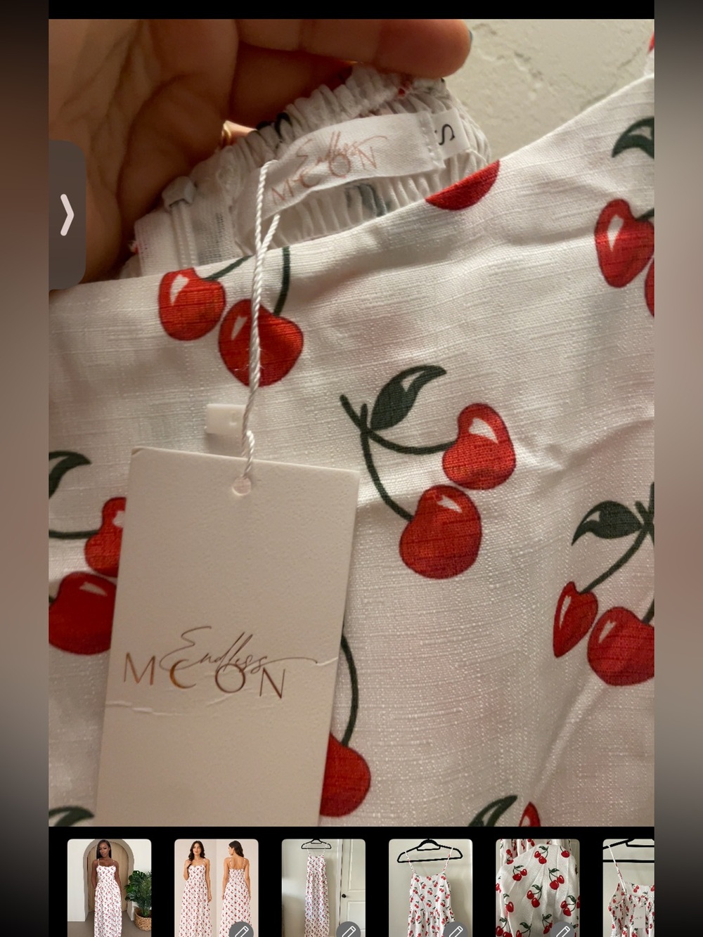White Cherry Print Maxi Dress with Spaghetti Straps and Fitted Bodice - Picture 8 of 8